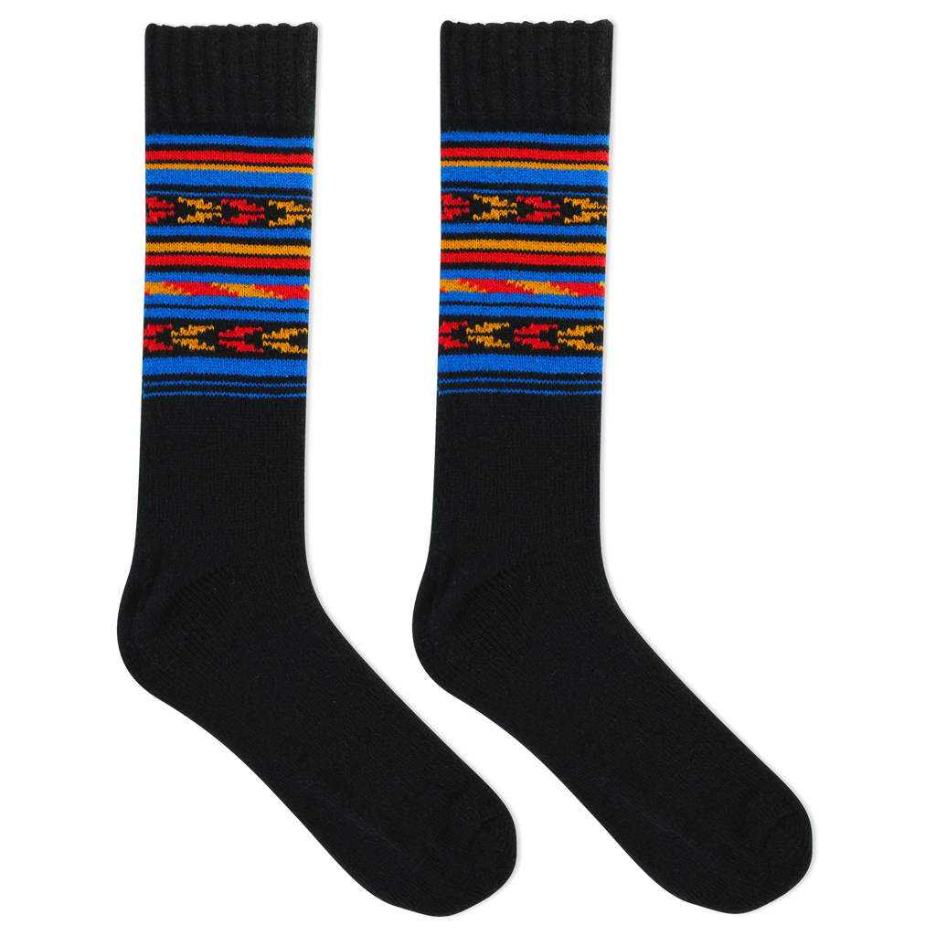 A pair of men's boot crew socks with a geometric stripe pattern in multiple colors.