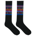 A pair of men's boot crew socks with a geometric stripe pattern in multiple colors.