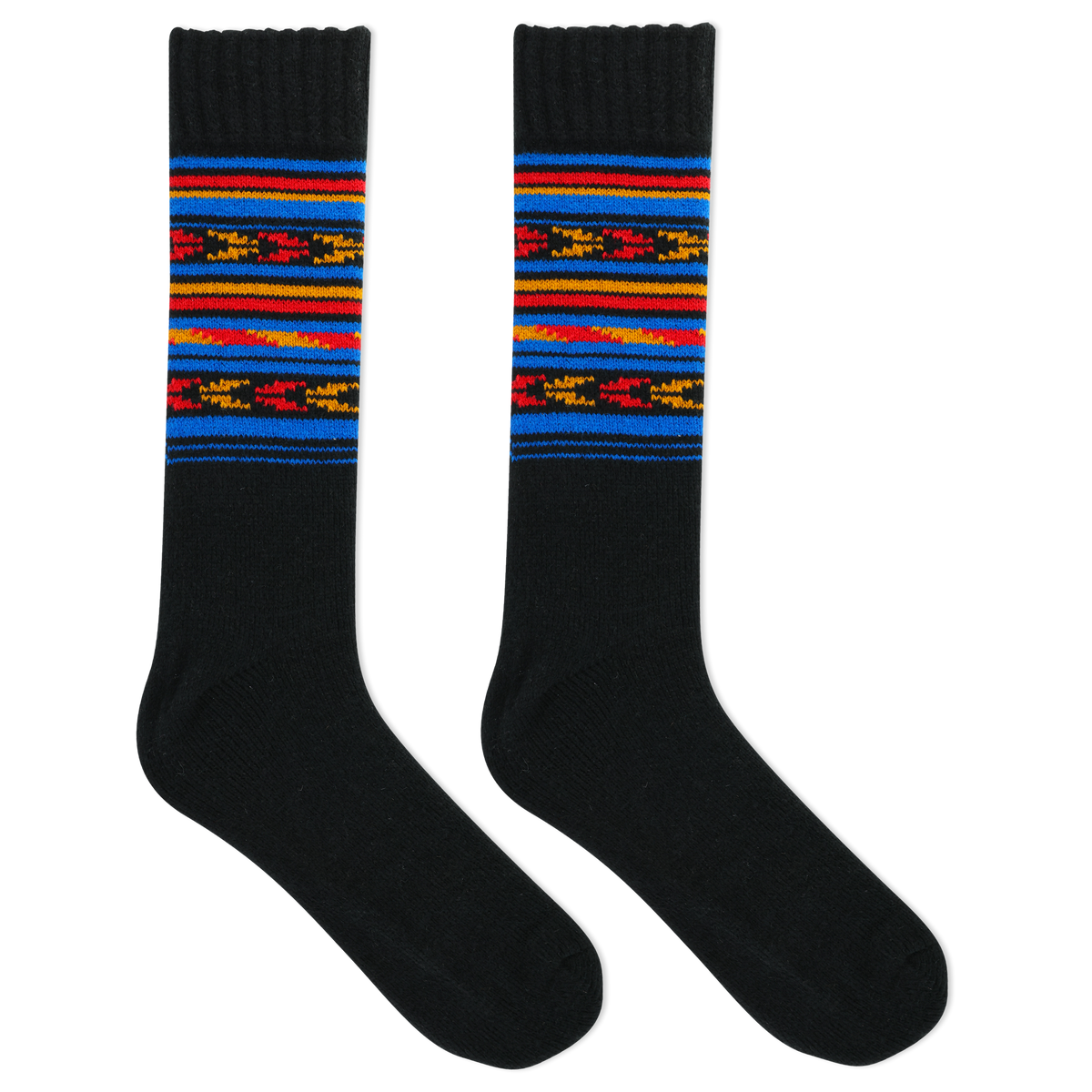 A pair of men's boot crew socks with a geometric stripe pattern in multiple colors.