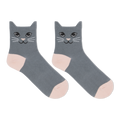 A pair of black ankle socks with a cat face design and blue accents on the heels and toes.