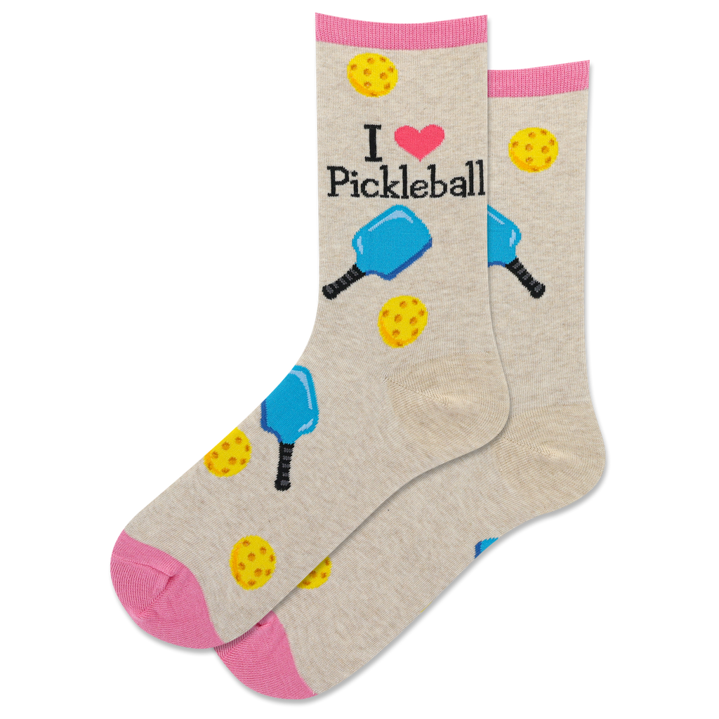 Beige socks with pickleball designs and text 'I ❤️ Pickleball' on a white background